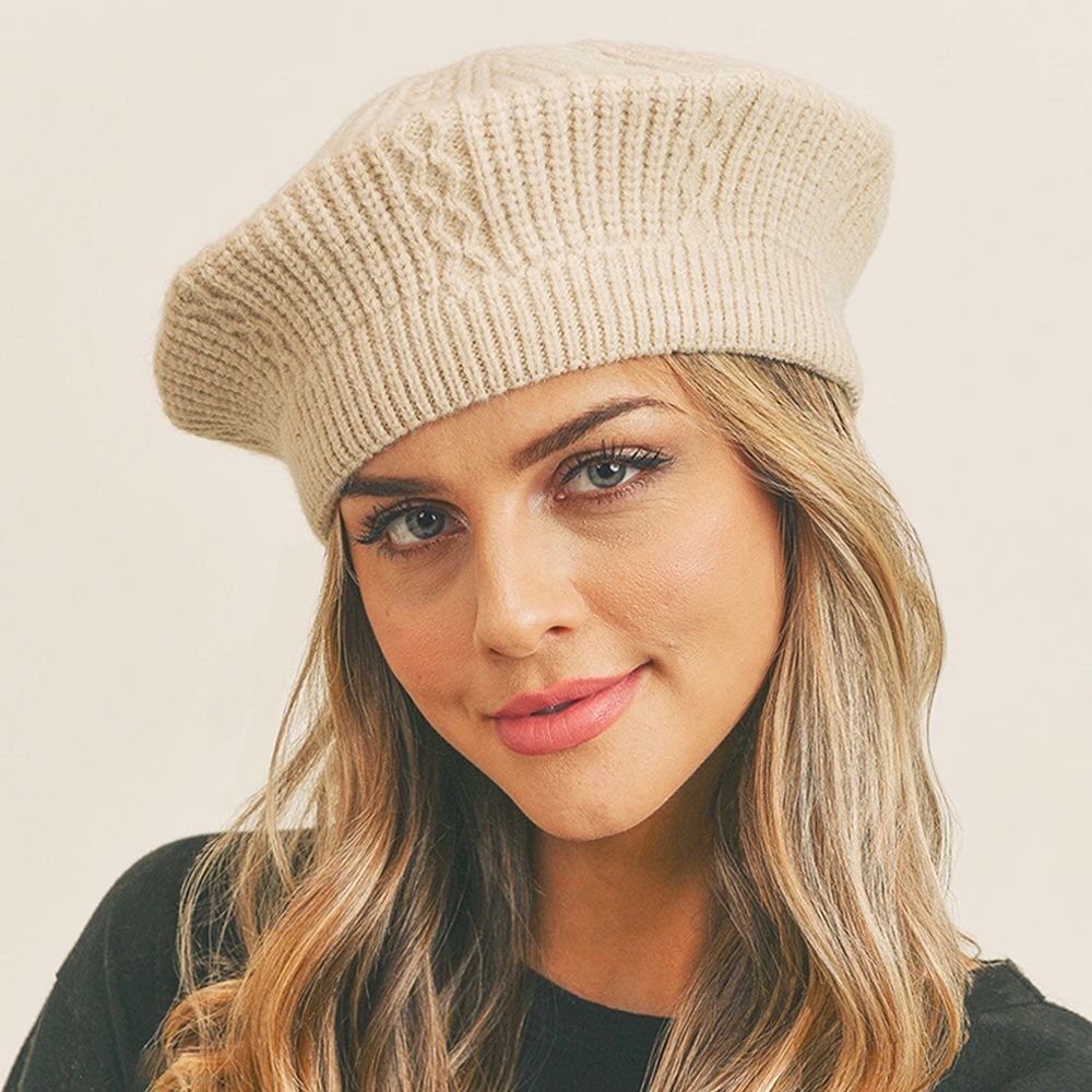Cream Solid Knit French Beret Hat